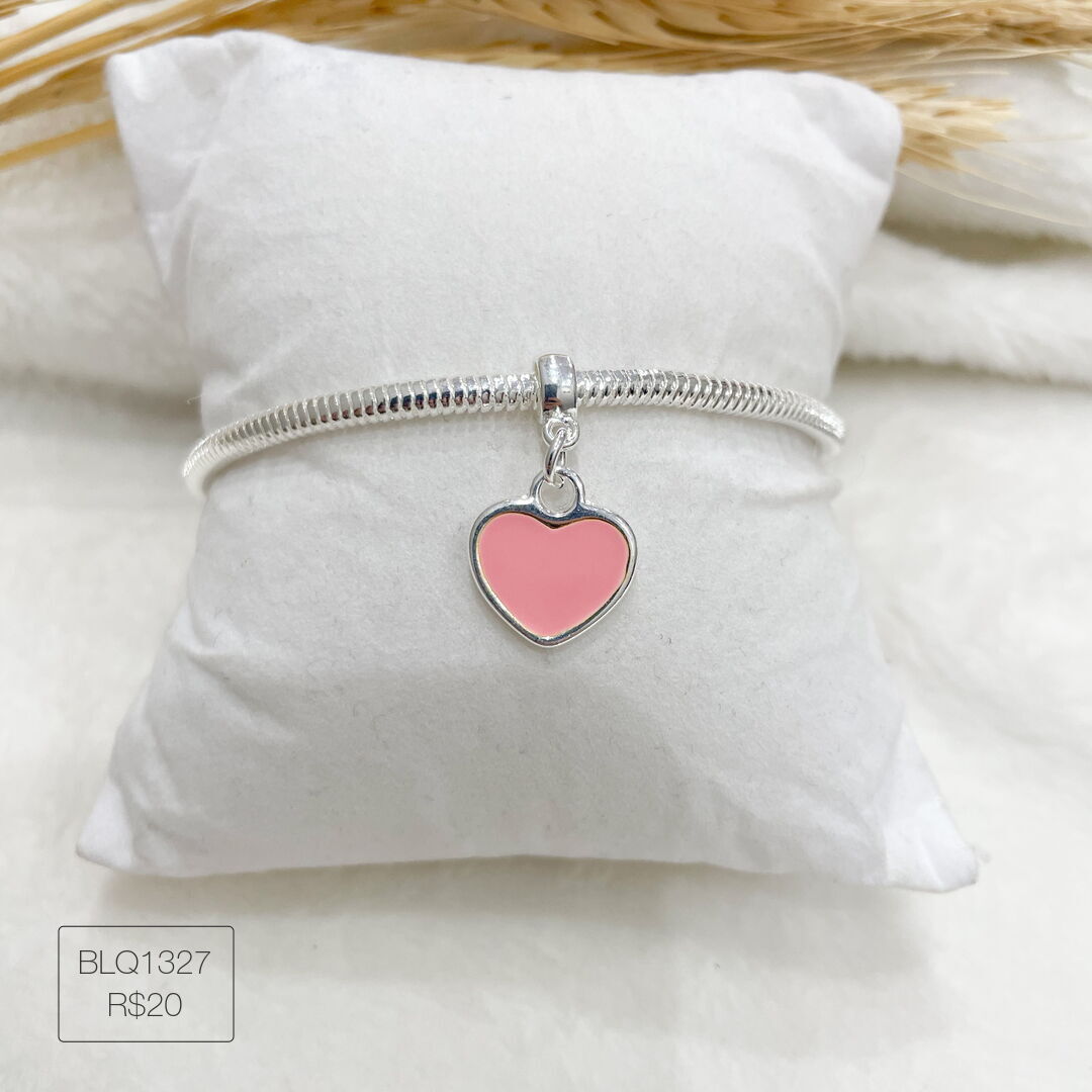 Berloque Coração G Rosa Bebê Pendurado Esmaltado Prateado